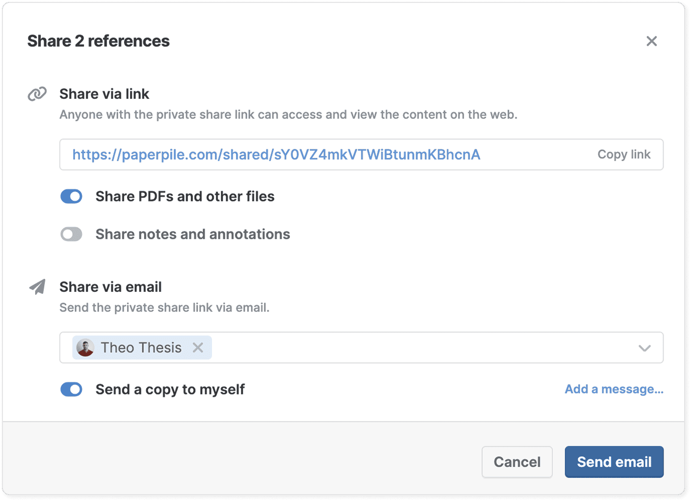 The same sharing dialog with a recipient added as a chip in the “Share via email” field and “Send a copy to myself” switched on, above Cancel and “Send email” buttons.